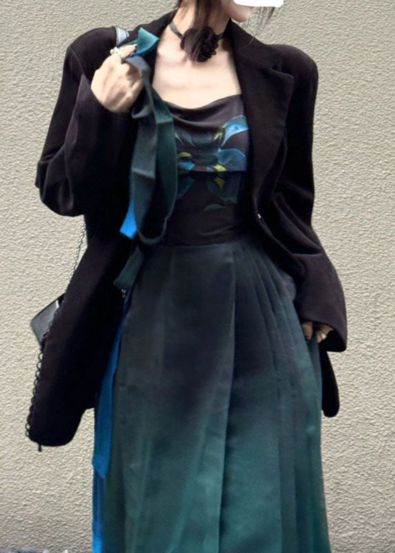 Gradient Color Print Coats Vest and Maxi Skirts Three Pieces Set Spring