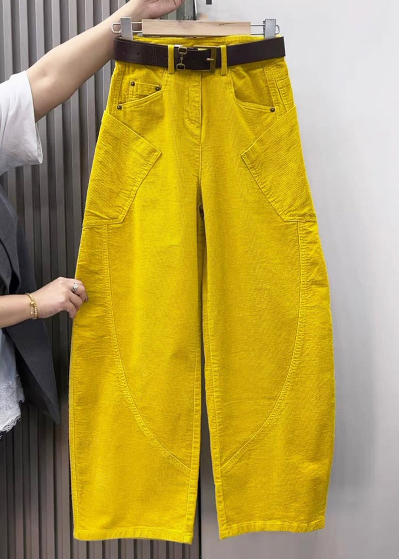 Yellow Pockets High Waist Corduroy Wide Leg Pants Fall