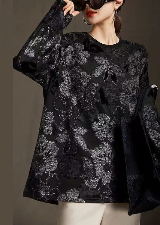 New Black Round Neck Hot Stamping Bright Silk T-shirt Spring