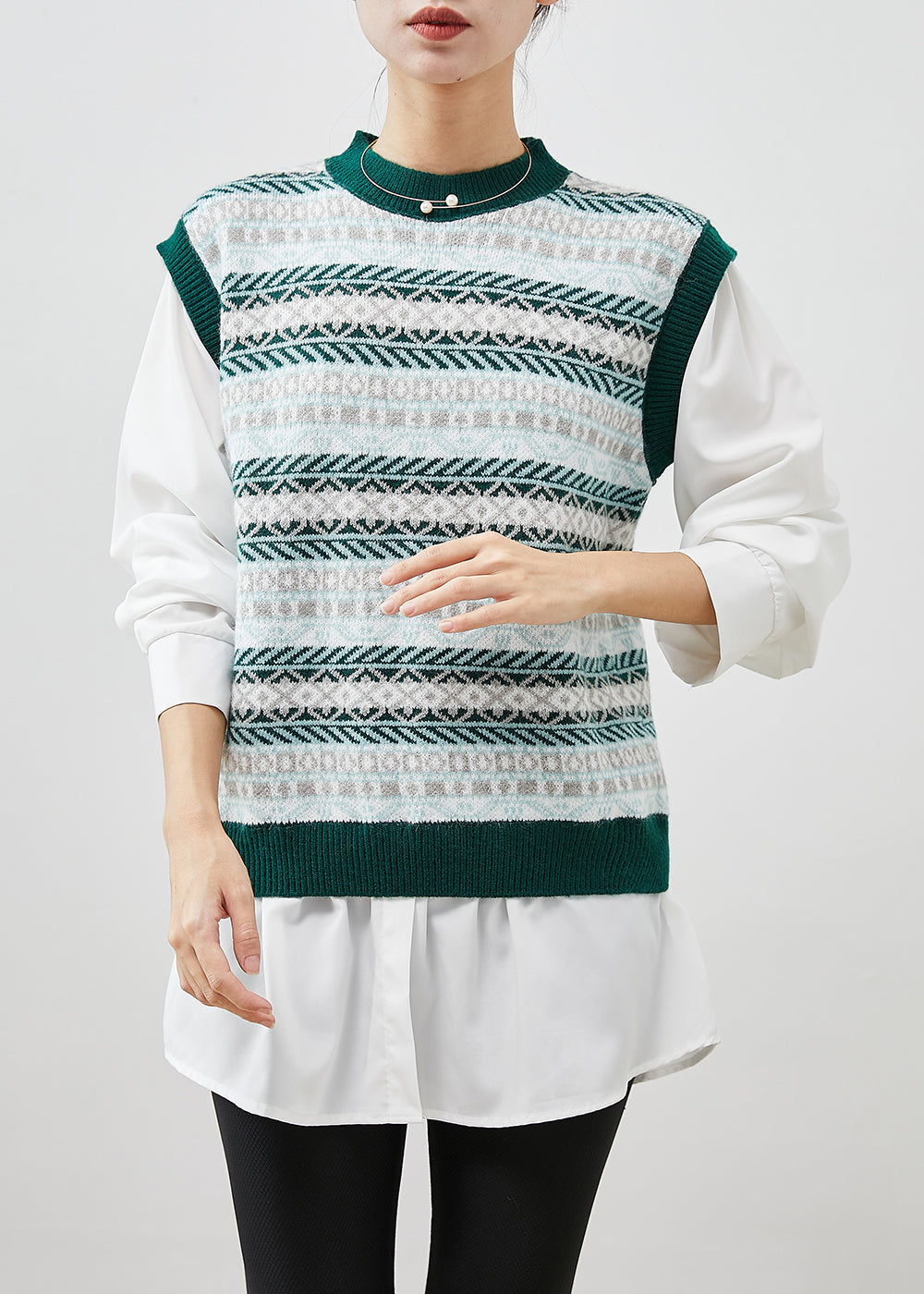 Print Patchwork Knit Fake Two Piece Blouses Spring