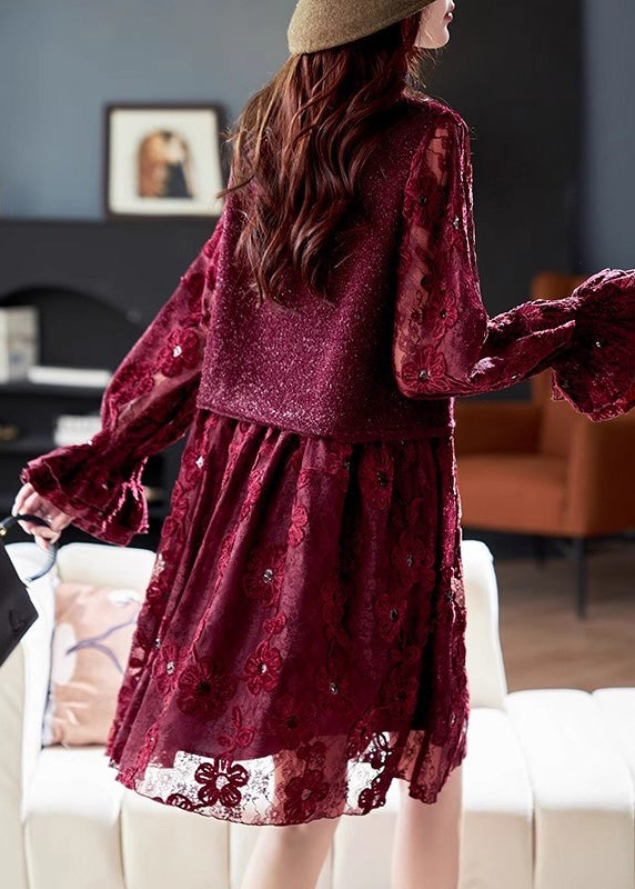 Modern Red O-neck Patchwork Fake Two Pieces Long Dresses Spring