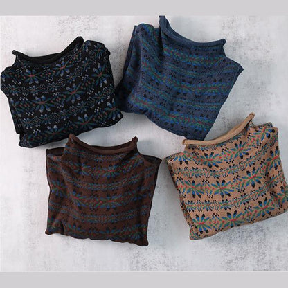 Blue Print Clothes for High Neck Patchwork Knitwear