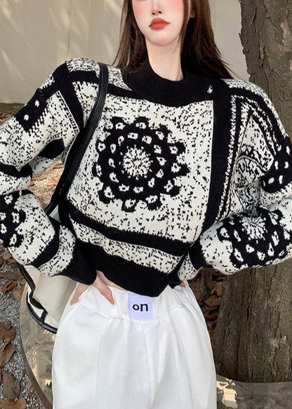 Black Oversized Jacquard Knit Short Sweater Spring