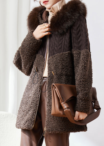 New Coffee Knitted Patchwork Faux Fur Thick Hooded Coats Winter