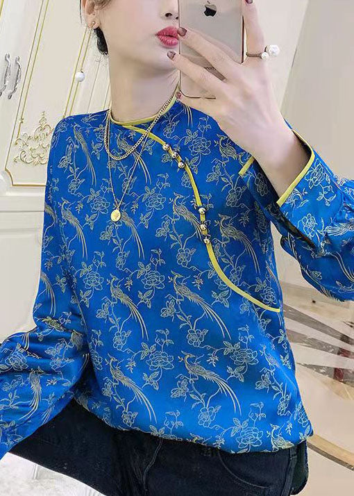 Unique Blue O-neck Side Open Jacquard Patchwork Silk Tops Spring