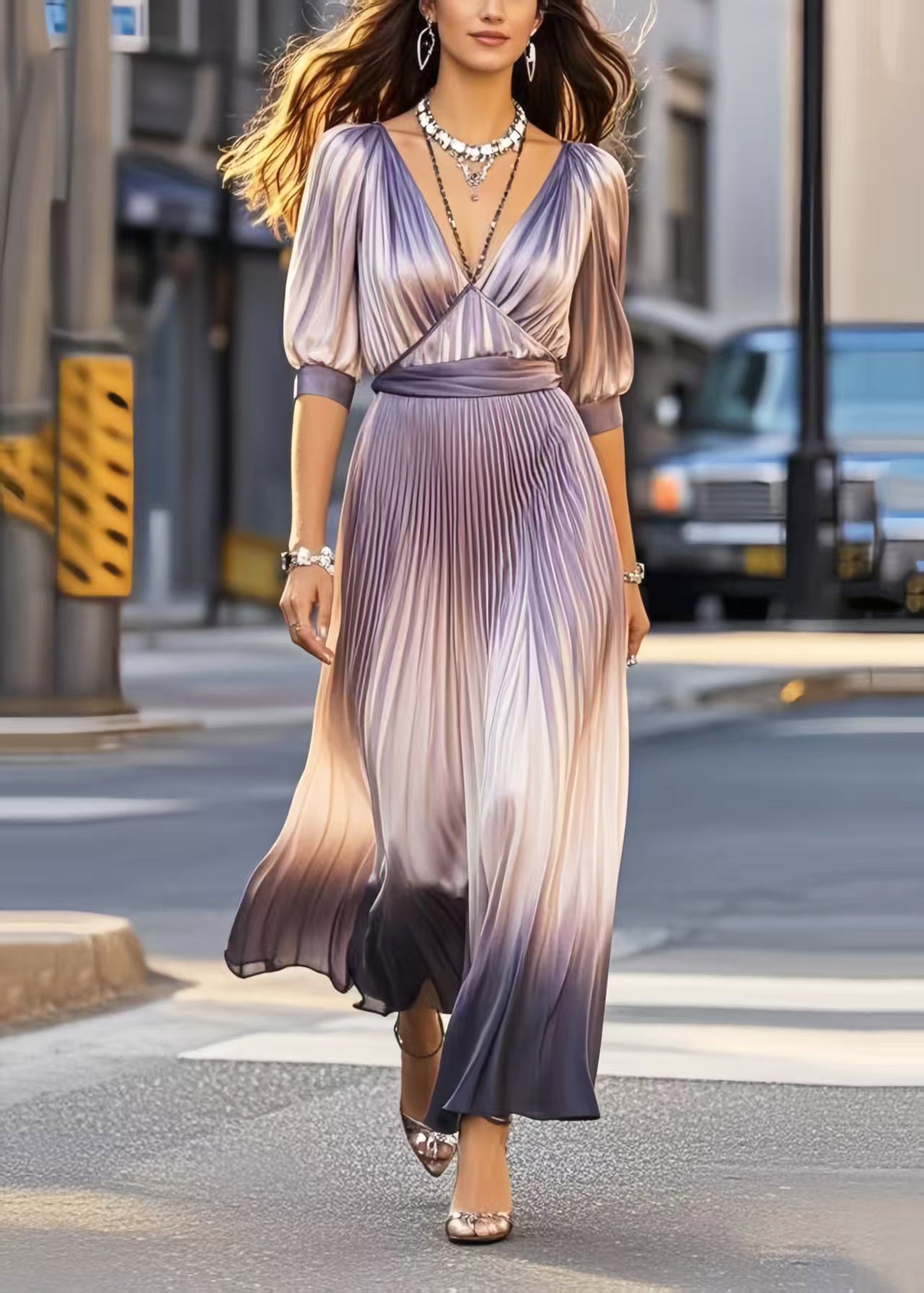 Unique V Neck Tie Dye Silk Pleated Dress Summer