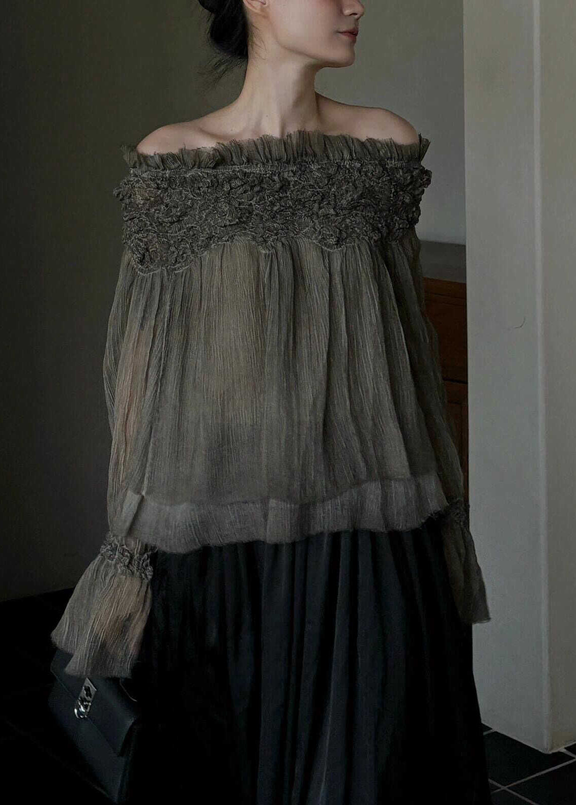 French Slash Neck Ruffled Patchwork Silk Cotton Top Spring