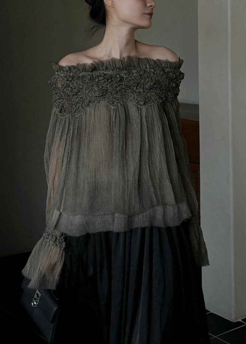 French Slash Neck Ruffled Patchwork Silk Cotton Top Spring