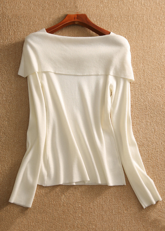 White Square Collar Bow Patchwork Cotton Knit Tops Fall