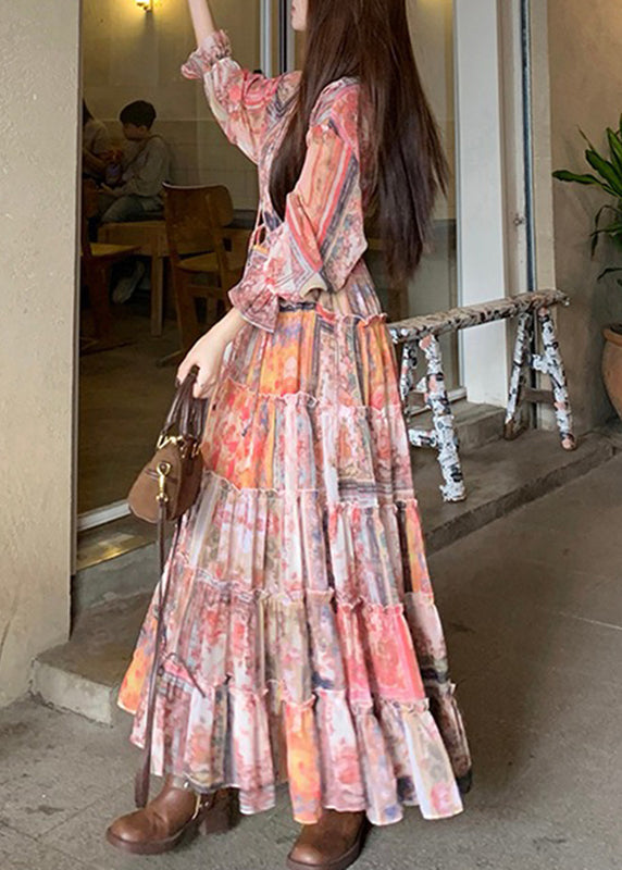 French V Neck Print Waistcoat and Maxi Dress Two Pieces Set Flare Sleeve