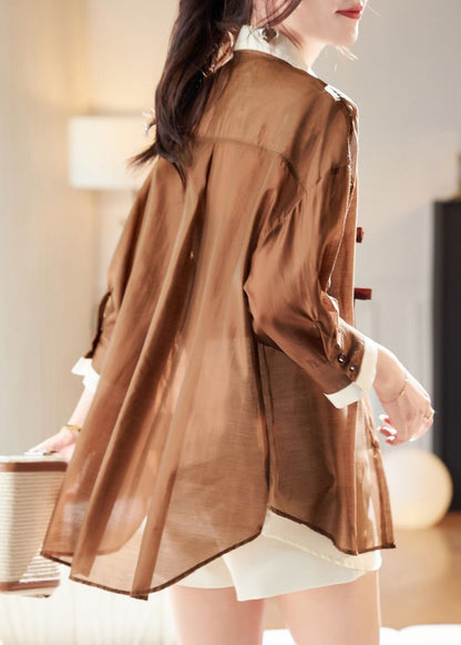 Style Coffee False Two Pieces Patchwork Chiffon Top Fall