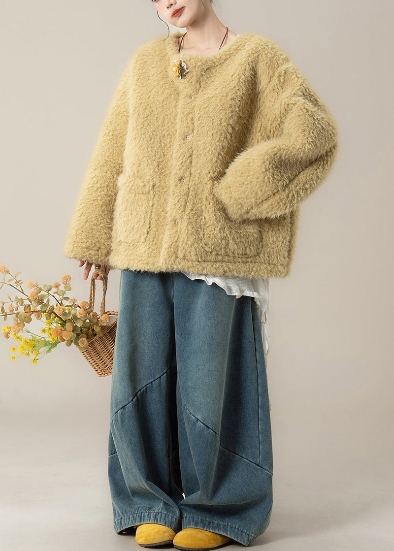 Loose Yellow Pockets Coat and Denim Wide Leg Pants Teddy Faux Fur Two Piece Set Winter