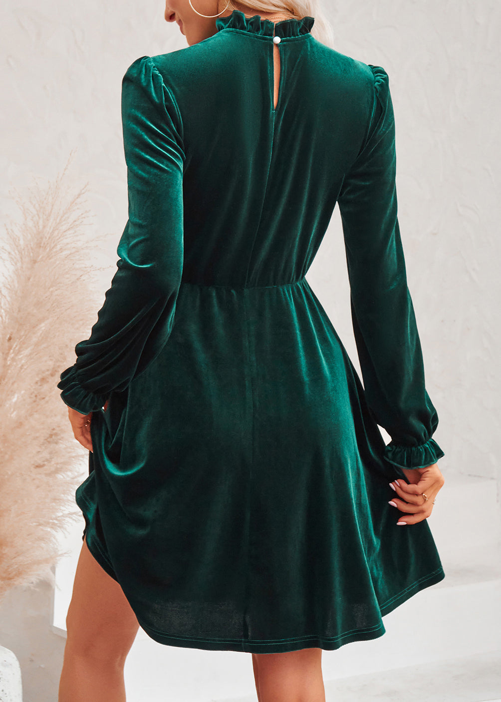 Blackish Green Ruffled Patchwork Velour Mid Dress Fall