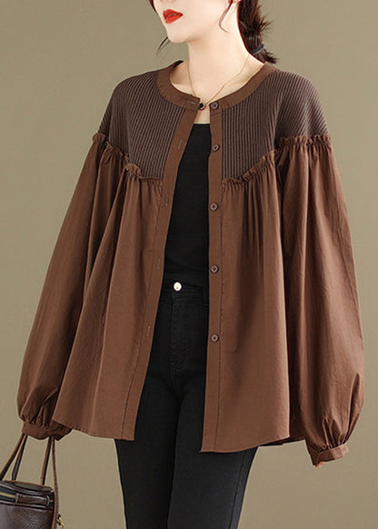 Coffee O-neck Wrinkled Shirts Long Sleeve