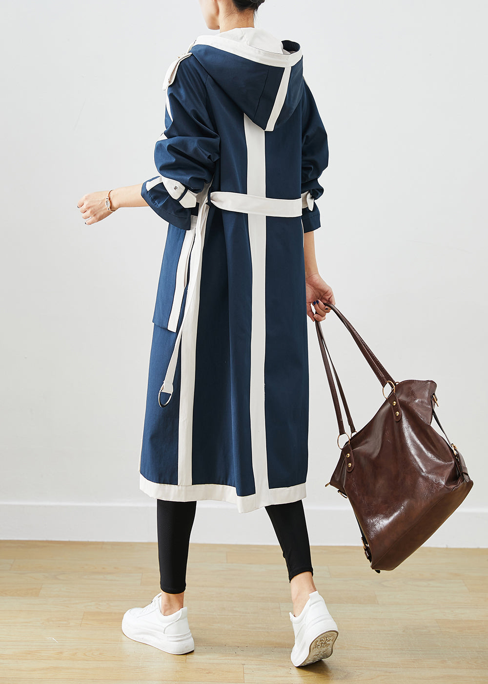 Navy Oversized Patchwork Original Design Cotton Trench Coats Fall