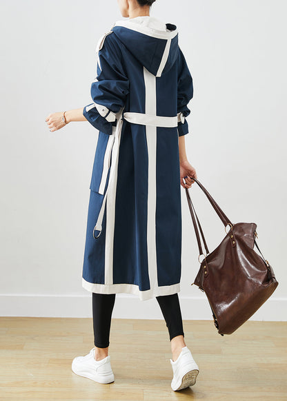 Navy Oversized Patchwork Original Design Cotton Trench Coats Fall