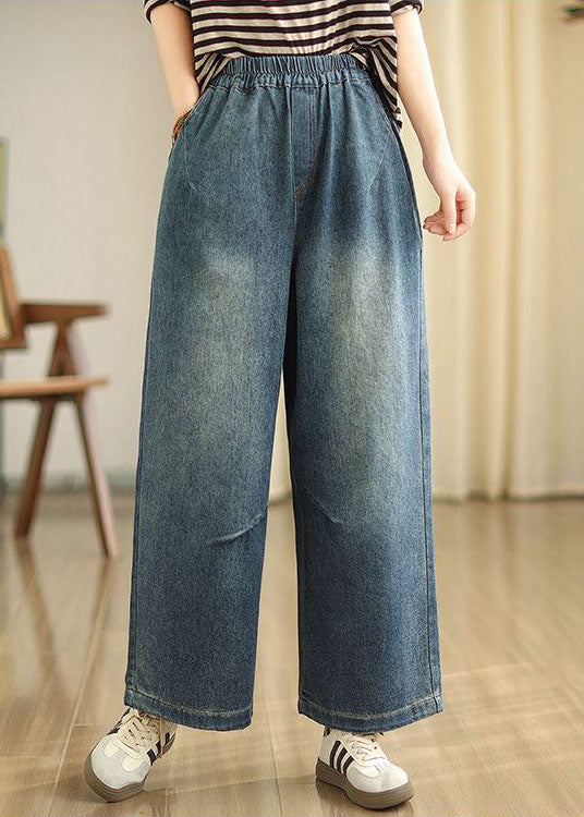 Blue Pockets Elastic Waist Denim Wide Leg Pants Spring