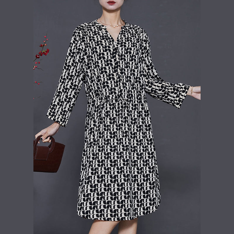Black Cinched Print Silk Mid Dress Summer