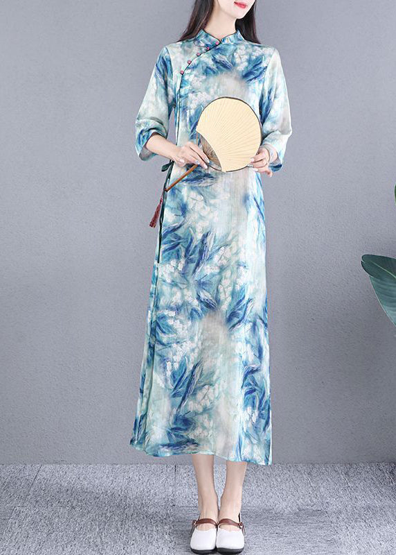 Blue Tie Dye Slim Fit Linen Dress Fall