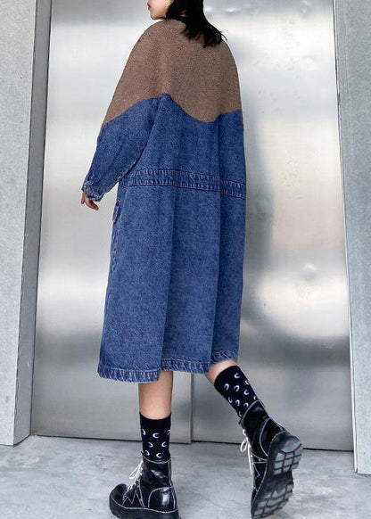 Vivid Denim Blue Clothes Patchwork Drawstring Robe Spring Dresses