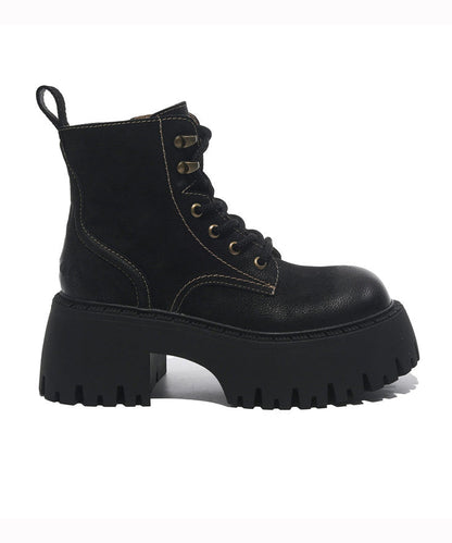 Cross Strap Splicing Chunky Boots Light Brown Cowhide Leather