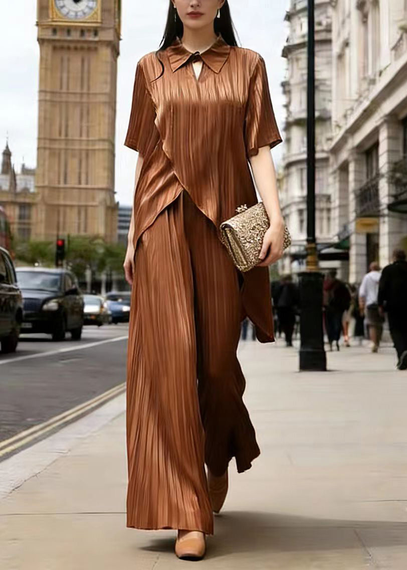 Original Design Coffee Asymmetrical Design Silk Two Pieces Set Summer