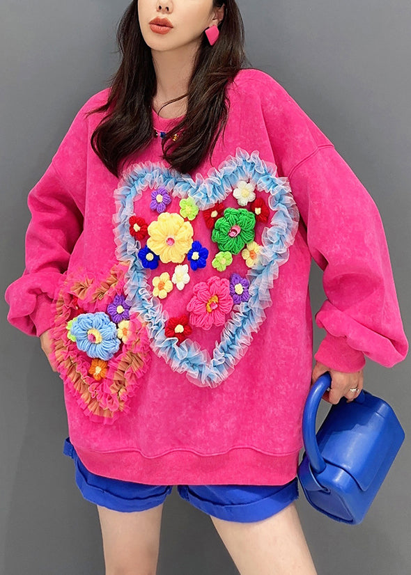 Rose O Neck Tullepatchwork Cotton Sweatshirt Long Sleeve