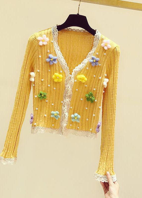 Art Yellow V Neck Lace Patchwork Nail Bead Knit Sweater Fall