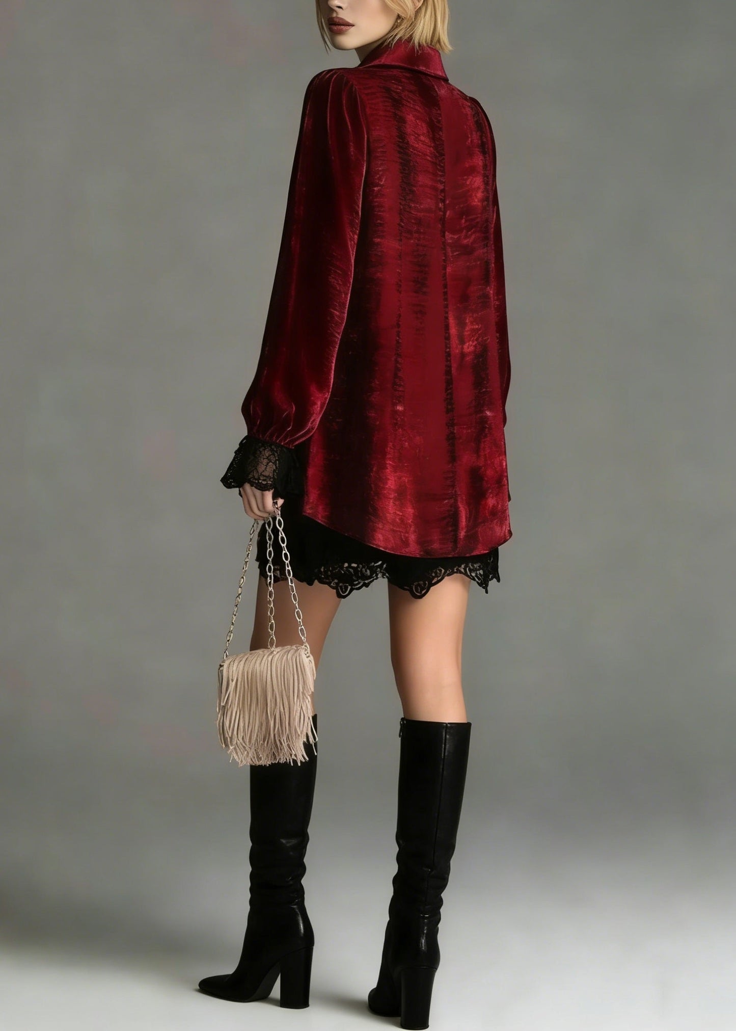 Red Peter Pan Collar Lace Patchwork Silk Shirt Top Spring