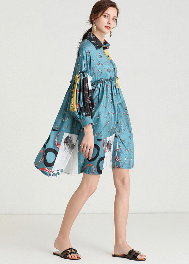 Organic Blue Peterpan Collar Patchwork Fall Holiday Dress Long Sleeve