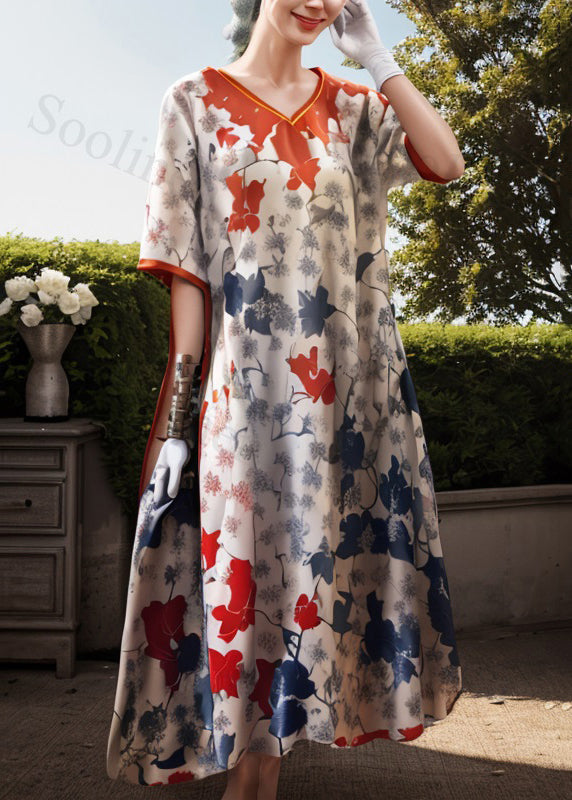 Organic V Neck Print Silk Dress Summer