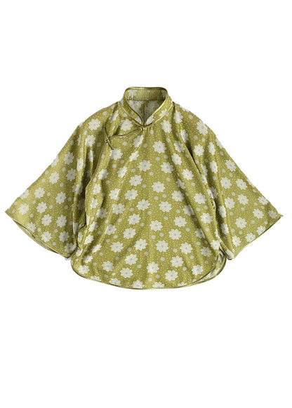 Chinese Style Yellow Green Jacquard Stand Collar Silk Top Three Quarter Sleeve