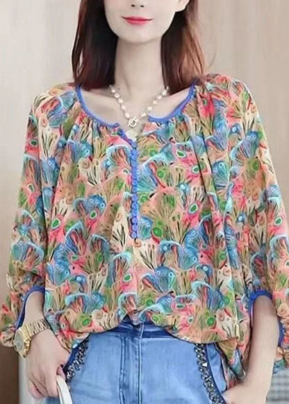 Colorblock V Neck Print Chiffon Shirt Tops Summer