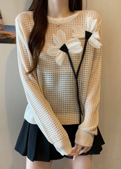 French Black O Neck Hollow Out Knit Top Spring