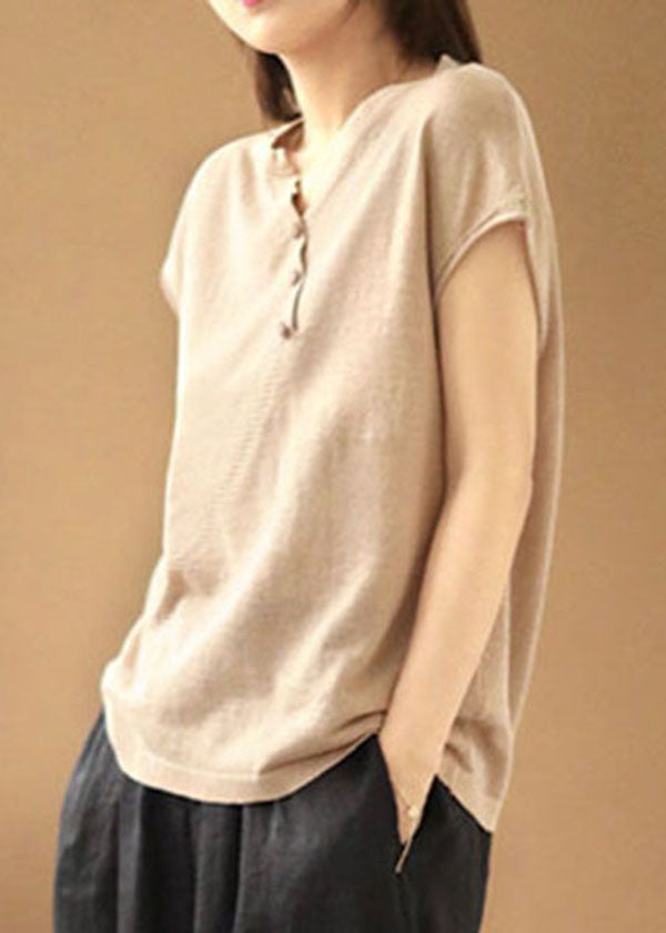 Beige V Neck Color Knit Tops Short Sleeve