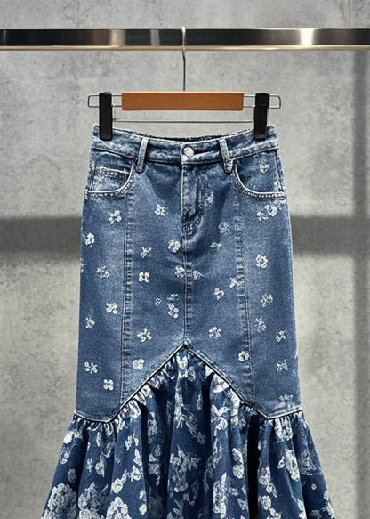 Blue Print Silm Fit Denim Wraped Skirts Fall