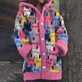 Vintage Color Block Cats Button Cozy Cardigan Sweater elevenforest