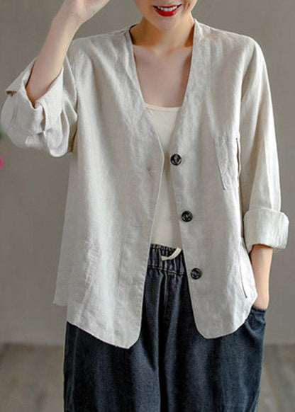 Chocolate V Neck Patchwork Button Linen Shirt Long Sleev
