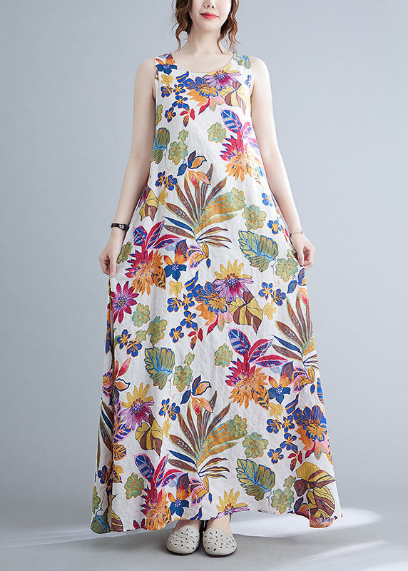 O-neck Print Cotton Long Dresses Summer
