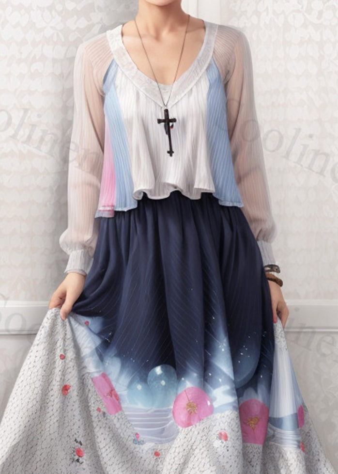 Modern Gradient Color Print Exra Large Hem Silk Dress Summer