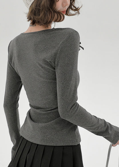 Grey U Neck Lace Patchwork Cotton Shirts Spring