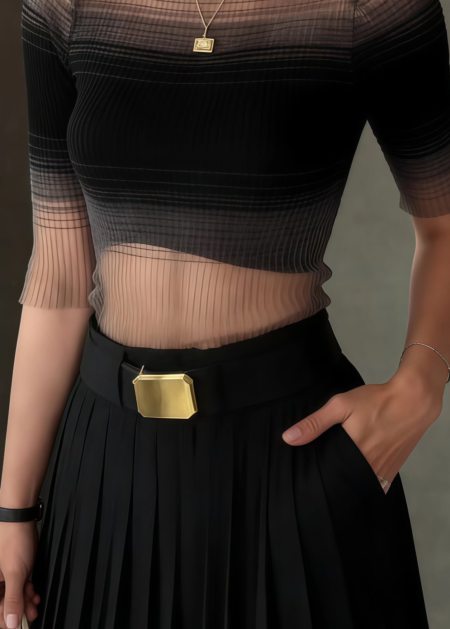 Gradient Black Stand Collar Tulle Tank Half Sleeve