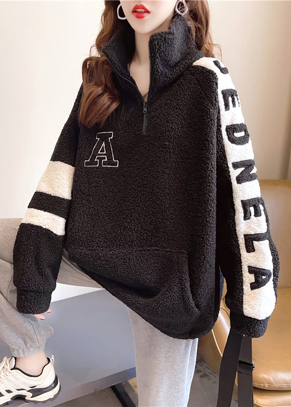 Handmade Red Stand Collar Pockets Patchwork Graphic Embroideried Zippered Faux Fur Sweatshirts Winter