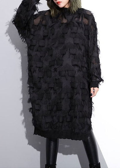 Black Tassel Hollow Out Lace Dress Spring