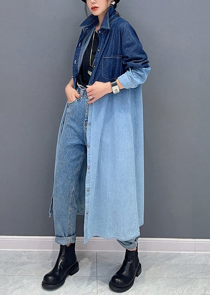 Loose Gradient Color Button Pockets Denim Long Coat Fall
