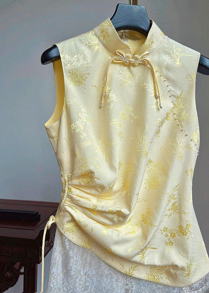Yellow Stand Collar Print Drawstring Silk Waistcoat Sleeveless