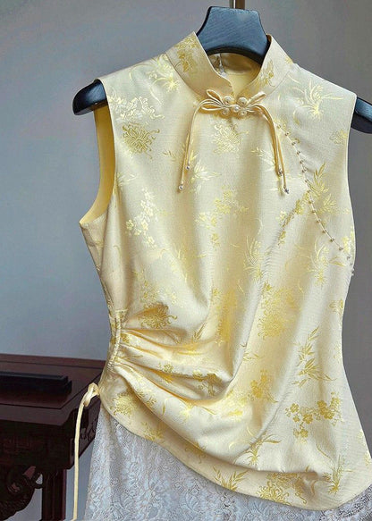 Yellow Stand Collar Print Drawstring Silk Waistcoat Sleeveless