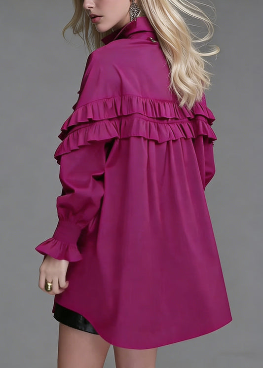 Loose Rose Ruffled Button Cotton Blouse Lantern Sleeve