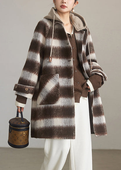Coffee Plaid Hooded Patchwork Woolen Coats Spring