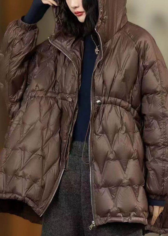Coffee Hooded Drawstring Patchwork Cotton Coat Winter